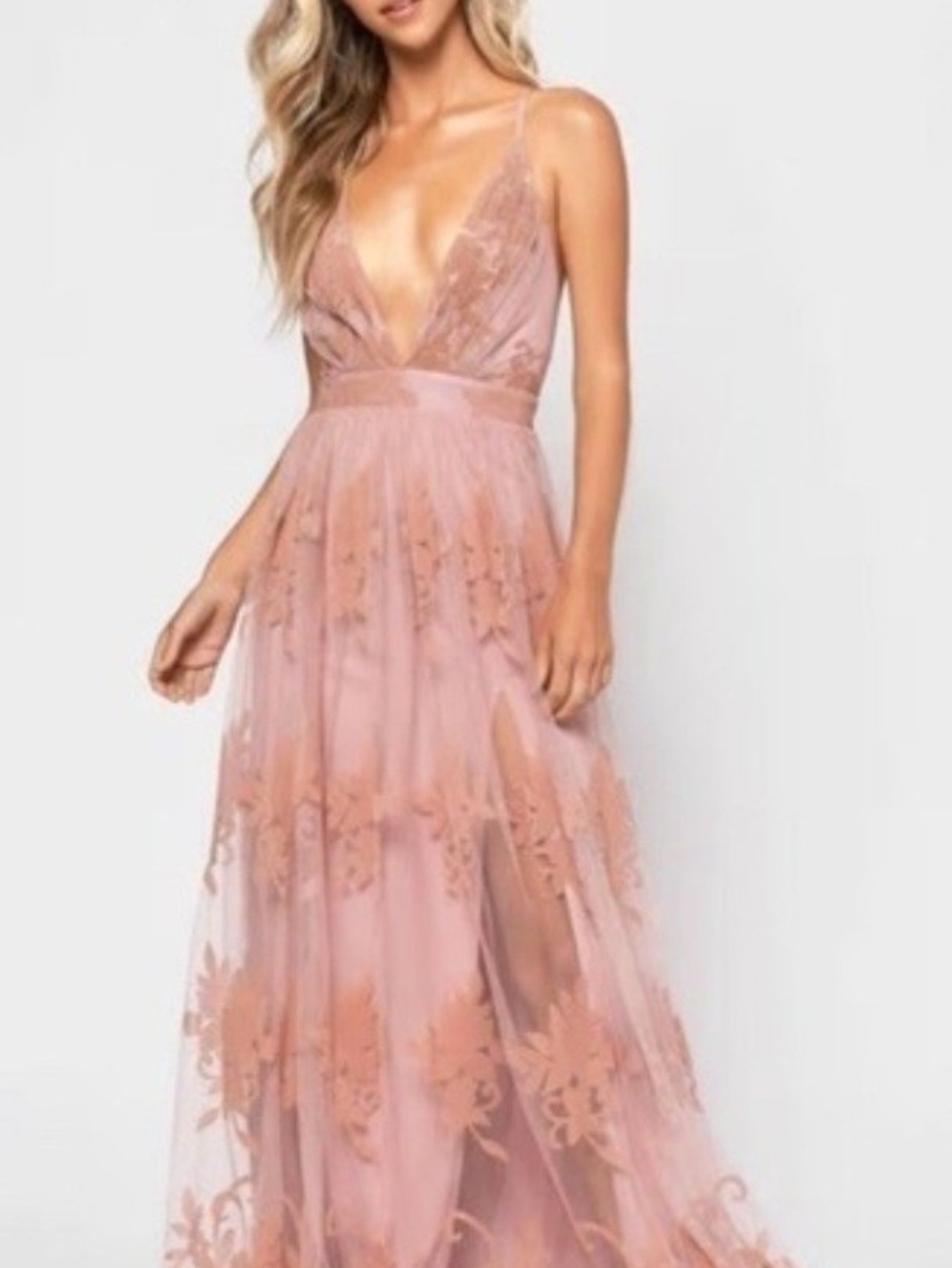 Luxxel Blush Pink Lace Tulle Maxi Dress